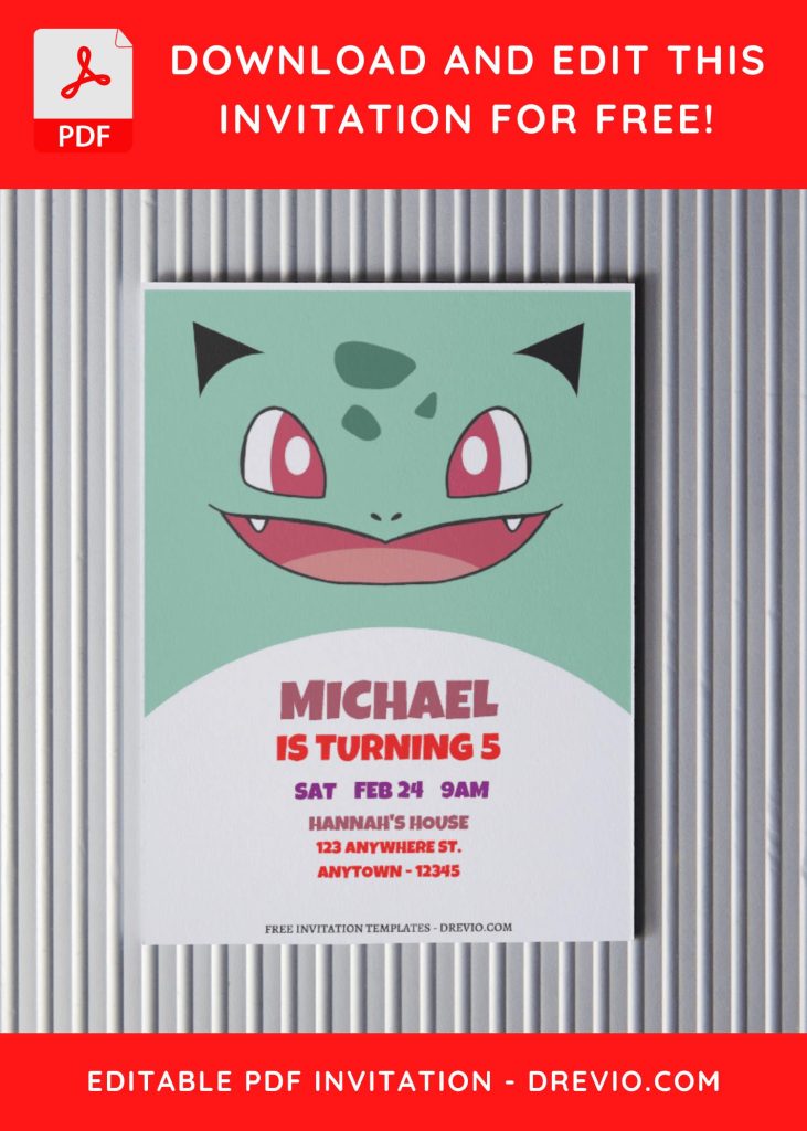 (Free Editable PDF) Lovely Pokemon Faces Birthday Invitation Templates with cute bulbasaur face