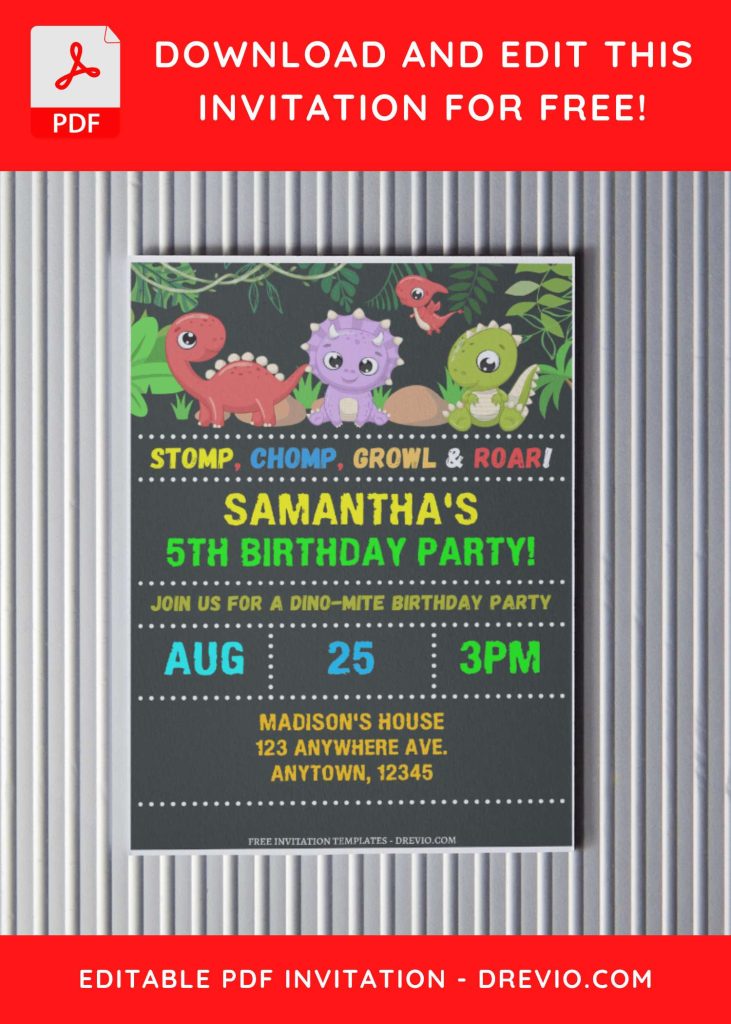 (Free Editable PDF) Cartoon Chalkboard Dino Birthday Invitation Templates with adorable little dino