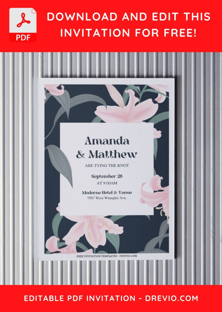(Free Editable PDF) Divine Love Lily Wedding Invitation Templates with white lily