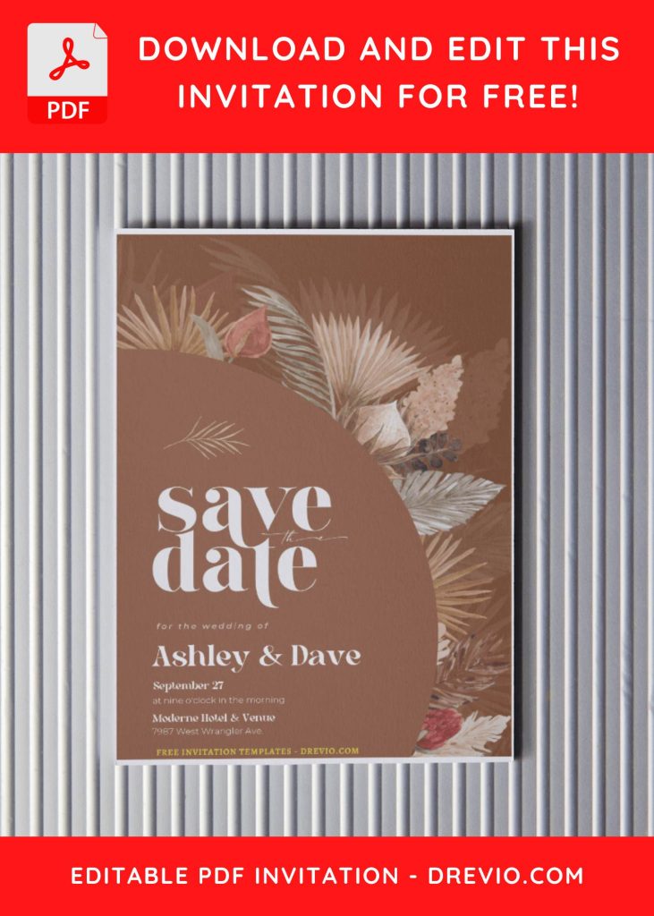 (Free Editable PDF) Boho Dreams Wedding Invitation Templates with brown background