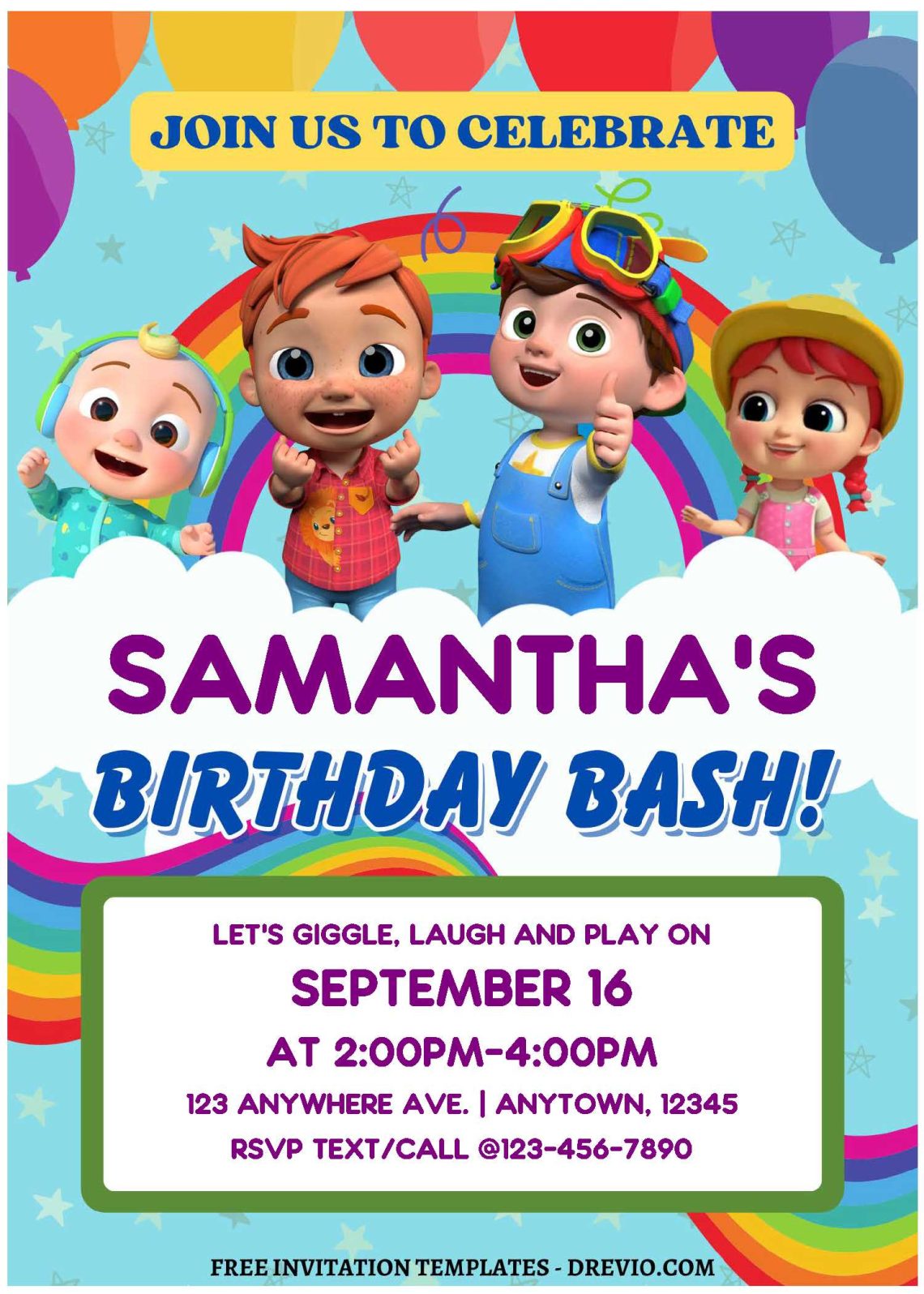 (Free Editable PDF) Cocomelon Rainbow World Birthday Invitation ...