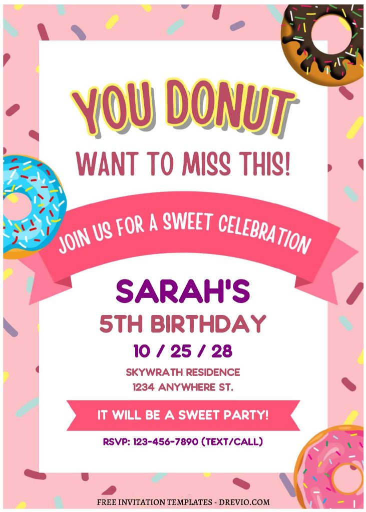 (Free Editable PDF) Sprinkle Some Fun Donut Themed Birthday Invitation Templates with pink background