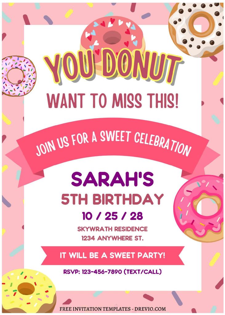 (Free Editable PDF) Sprinkle Some Fun Donut Themed Birthday Invitation Templates with pink ribbon