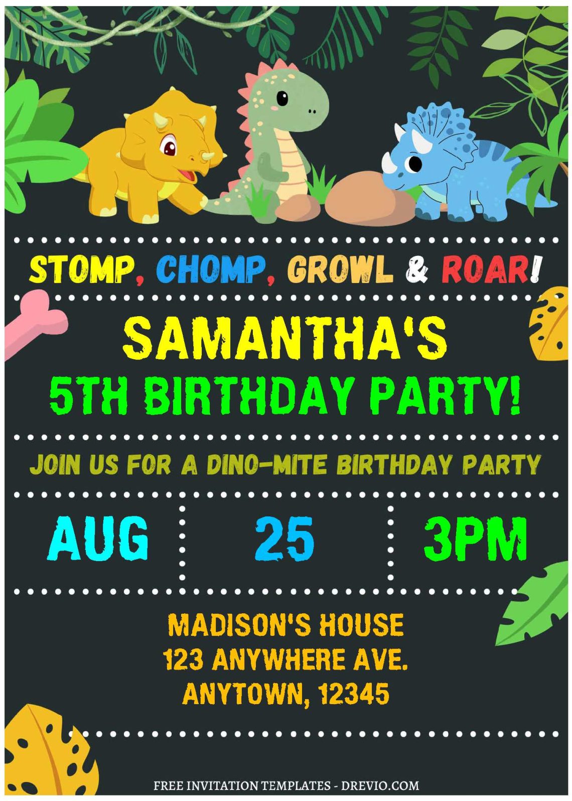 (Free Editable PDF) Cartoon Chalkboard Dino Birthday Invitation Templates with colorful text