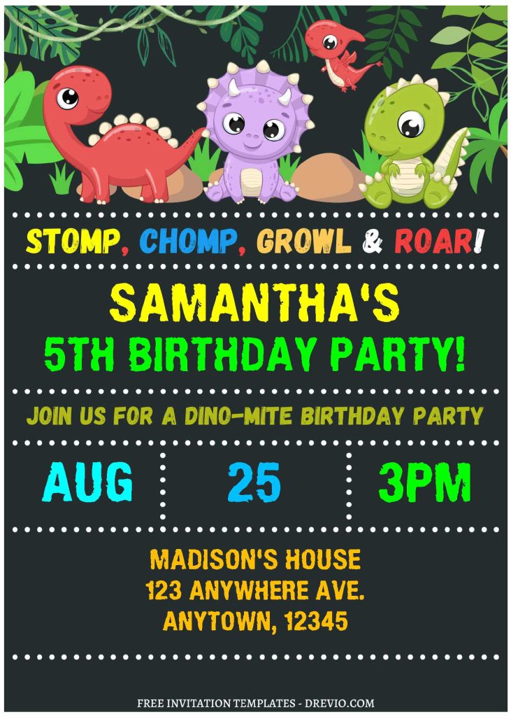 (Free Editable PDF) Cartoon Chalkboard Dino Birthday Invitation Templates with cute editable text