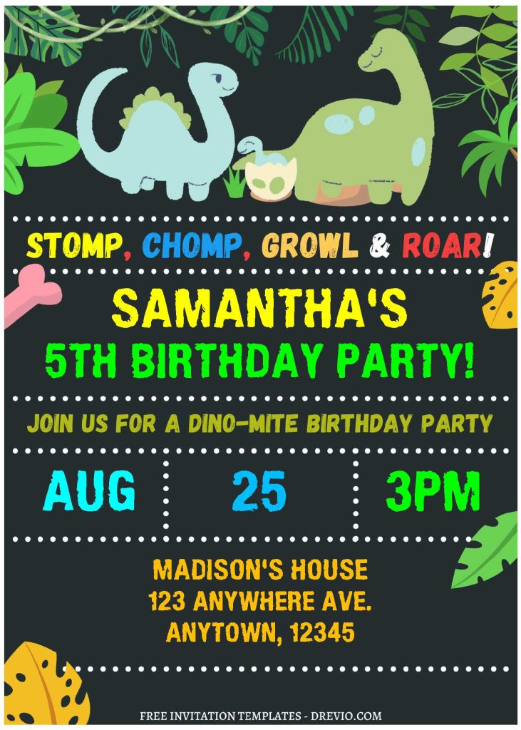 (Free Editable PDF) Cartoon Chalkboard Dino Birthday Invitation Templates with cute wording