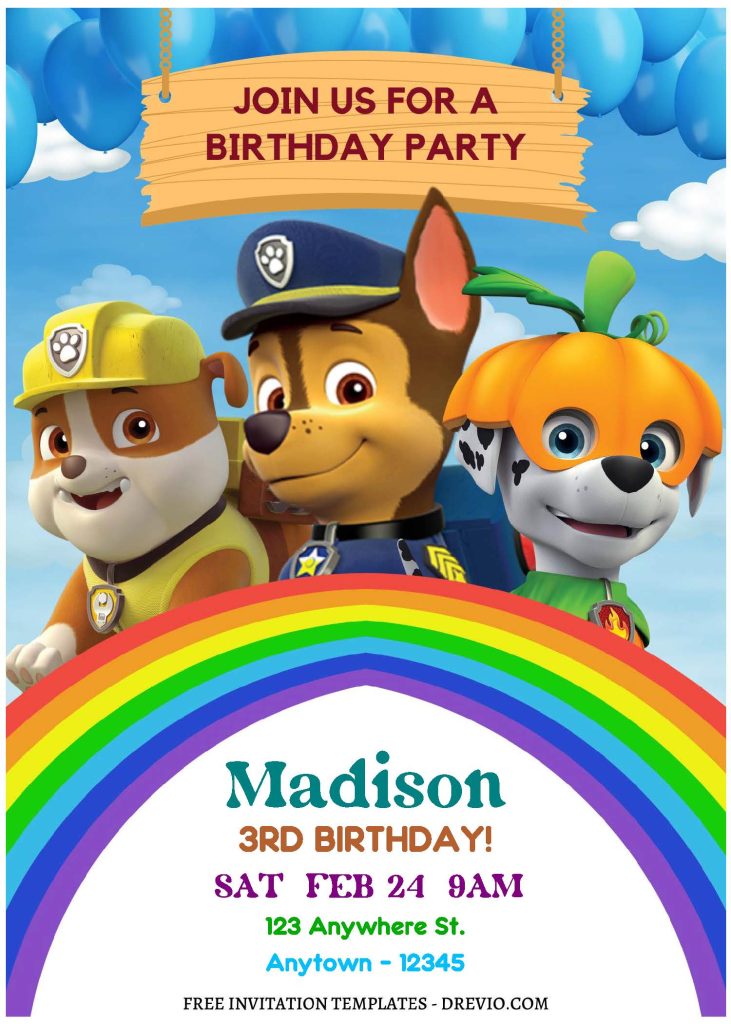 (Free Editable PDF) Rainbow Mighty PAW Patrol Birthday Invitation Templates with rainbow bridge