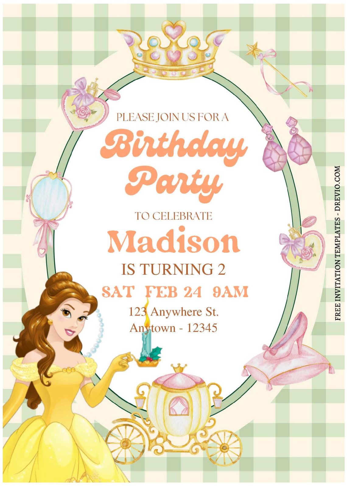 (Free Editable PDF) Enchanted Princess Belle Birthday Invitation ...