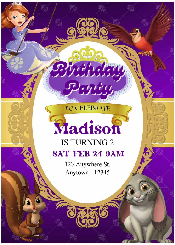 (Free Editable PDF) Elegant Princess Sofia The First Birthday Invitation Templates with cute bunny and squirrel