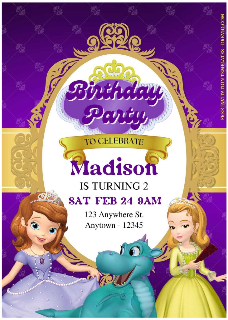 (Free Editable PDF) Elegant Princess Sofia The First Birthday Invitation Templates with cute dragon