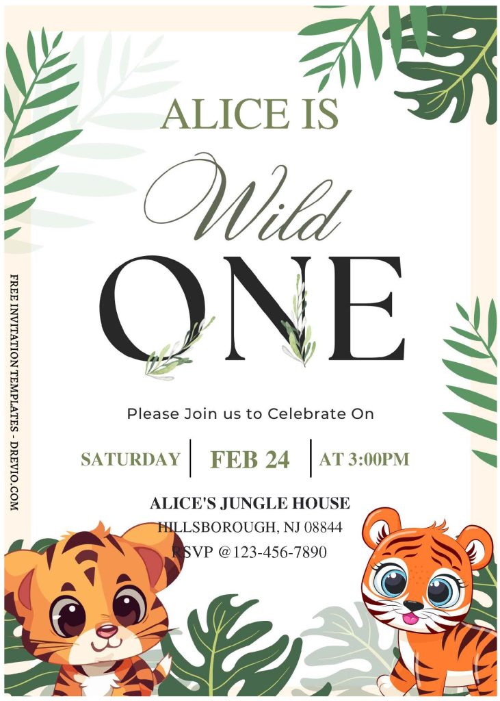 (Free Editable PDF) Cute Tiger Cub Kids Birthday Invitation Templates with cute wording