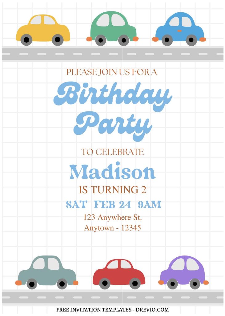 (Free Editable PDF) Cute Transportation Car Birthday Invitation Templates A