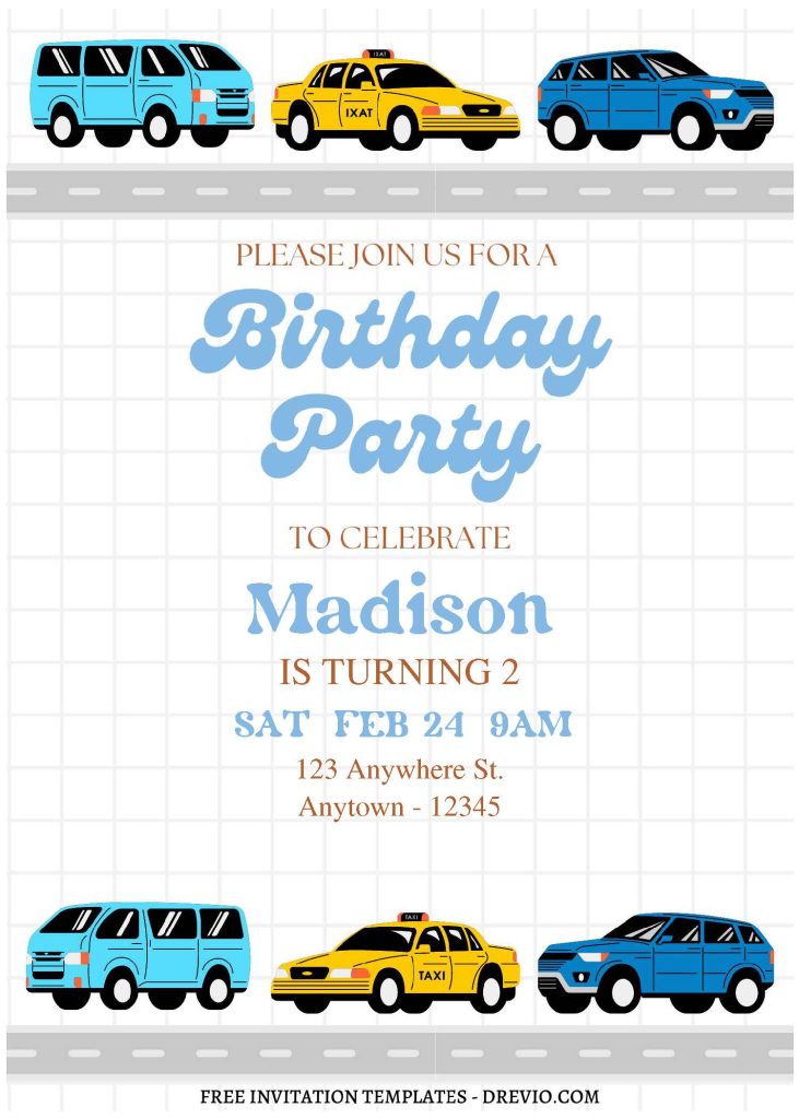 (Free Editable PDF) Cute Transportation Car Birthday Invitation Templates C