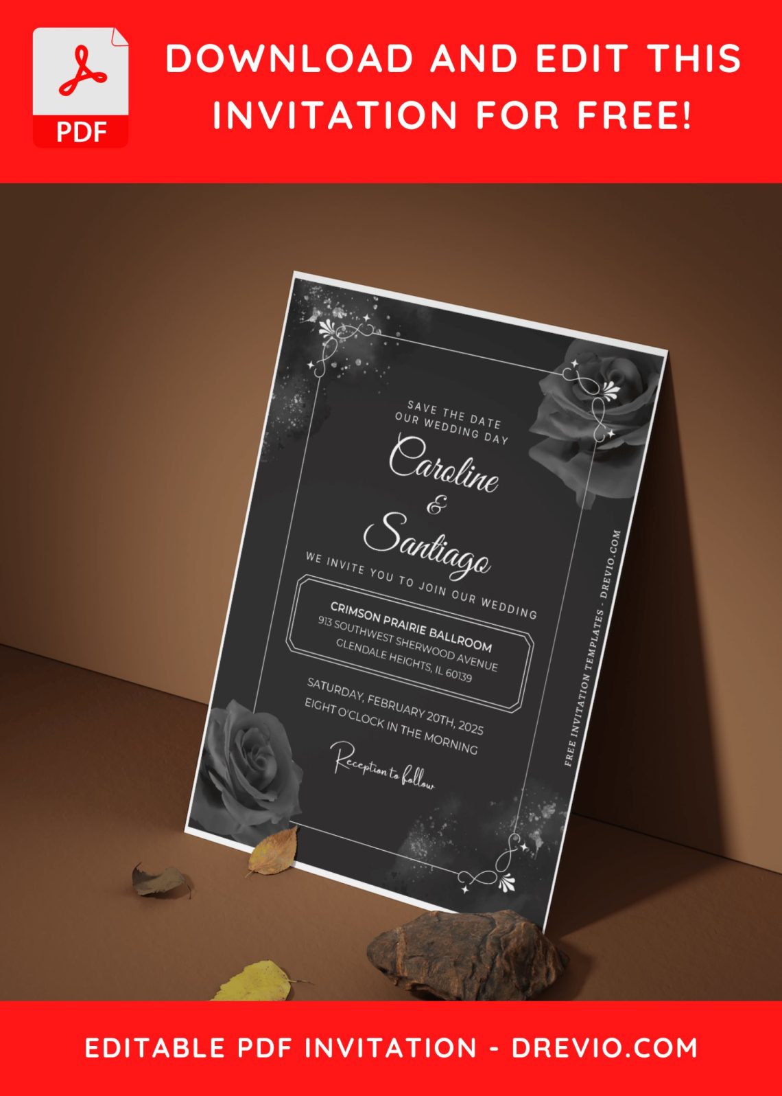 (Free Editable PDF) Bouquet Of Black Rose Wedding Invitation Templates C