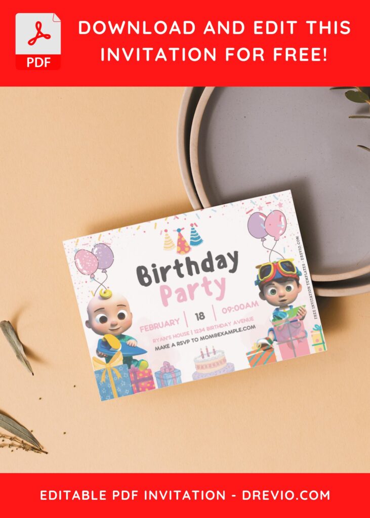 (Free Editable PDF) Fun Cocomelon Serenade Birthday Invitation Templates F