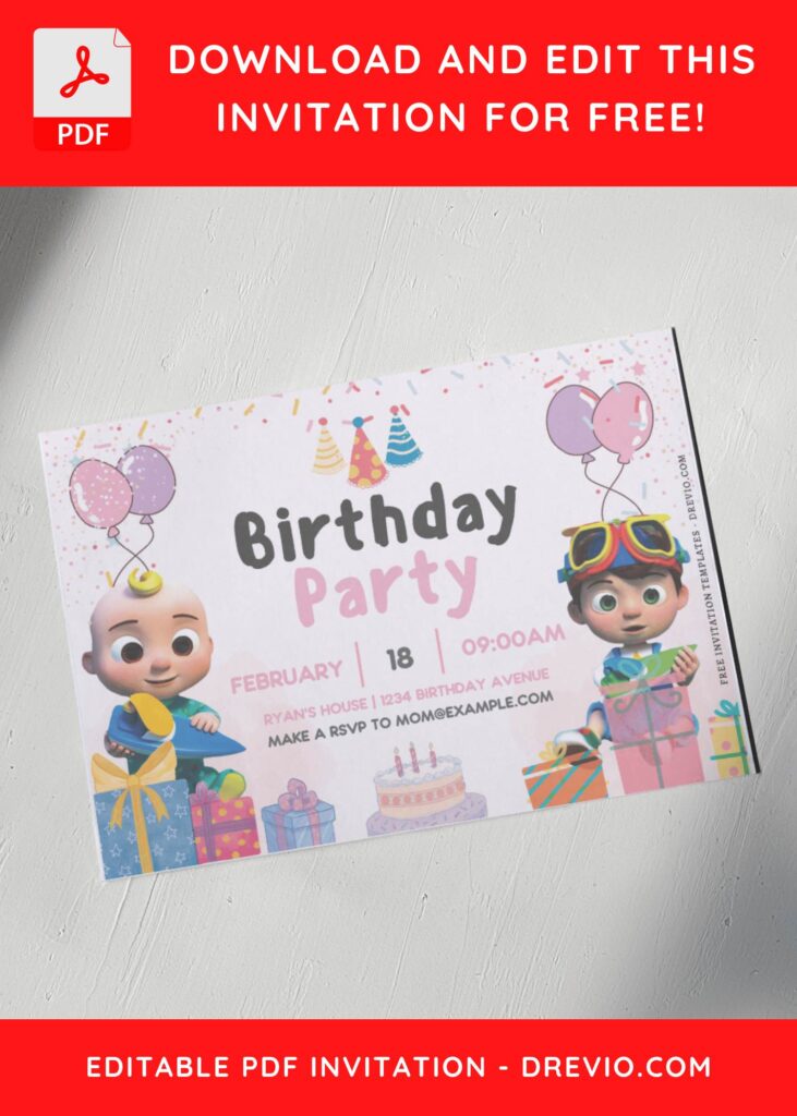 (Free Editable PDF) Fun Cocomelon Serenade Birthday Invitation Templates G