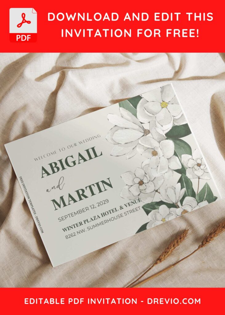 (Free Editable PDF) Floral Whispers: Magnolia Wedding Invitation Templates C