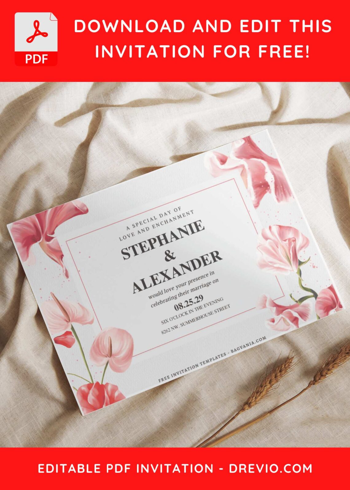 (Free Editable PDF) Pure Romance Lily wedding Invitation Templates I