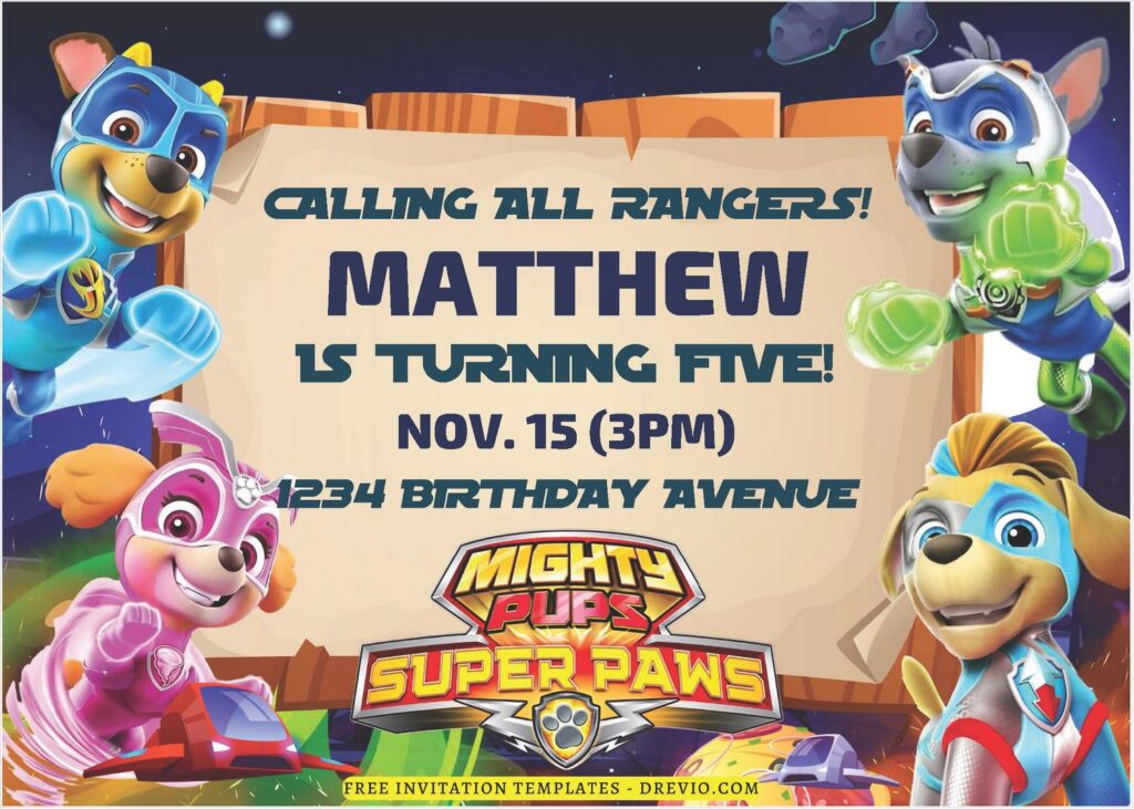 (Free Editable PDF) Mighty PAW Patrol In Space Birthday Invitation Templates A