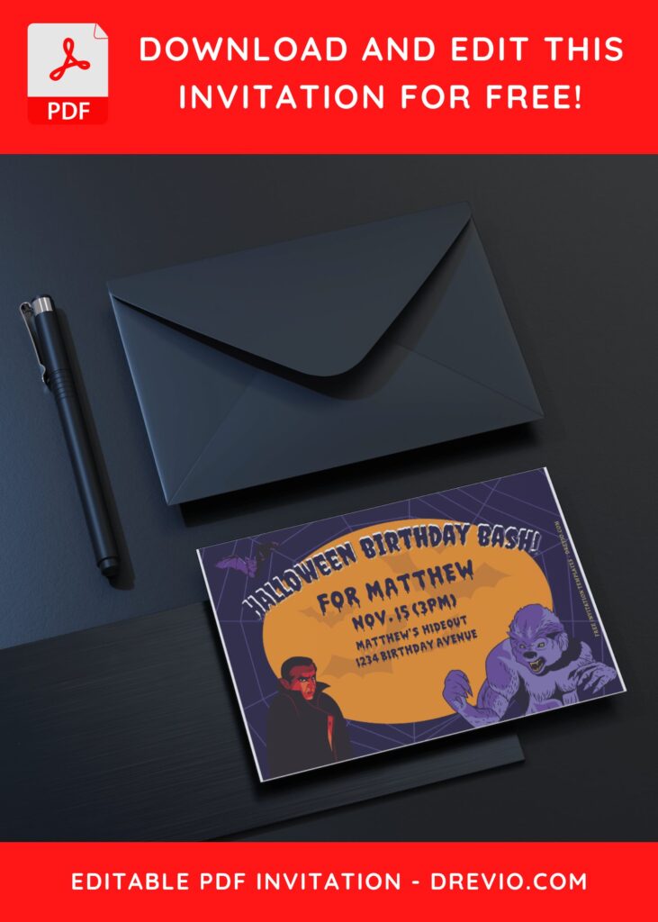 (Free Editable PDF) Werewolf Halloween Birthday Bash Invitation Templates C