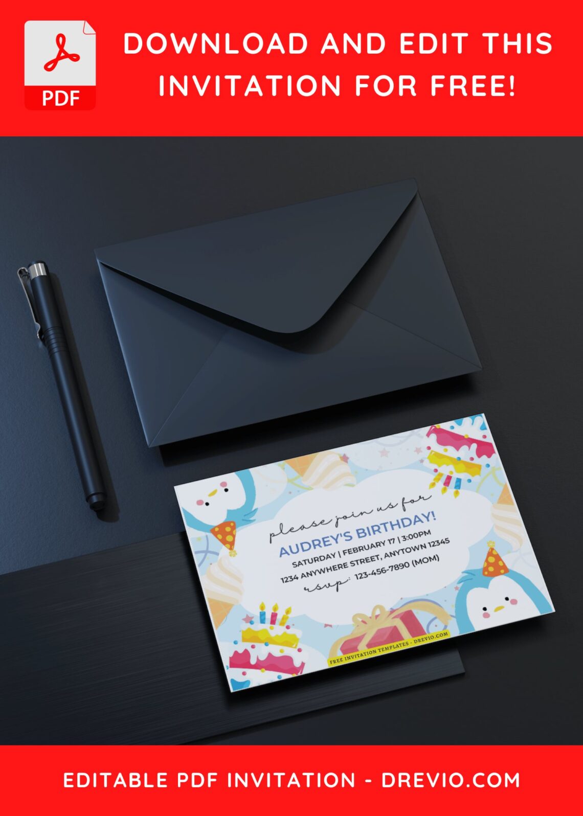 (Free Editable PDF) Colorful Penguin Birthday Invitation Templates C