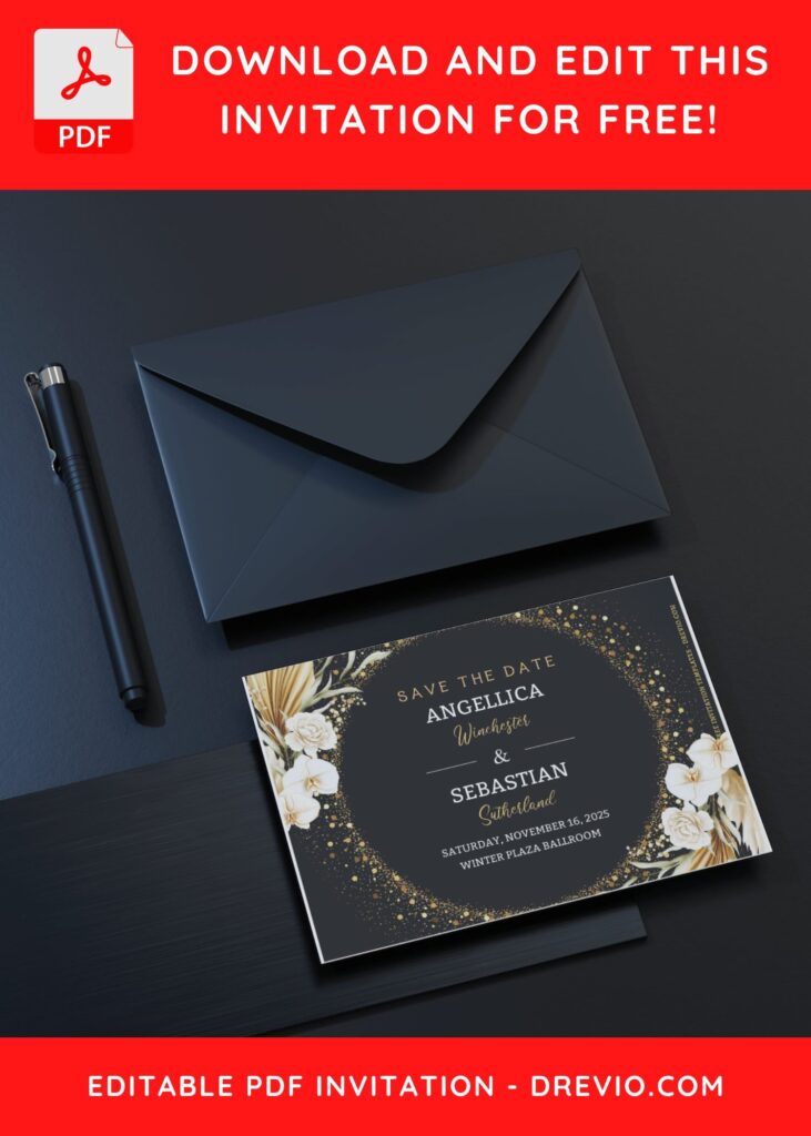 (Free Editable PDF) Glamour Gold And Bohemian Floral Wedding Invitation Templates C