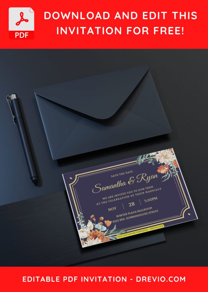 (Free Editable PDF) Elegant Classic Frame & Floral Wedding Invitation Templates G