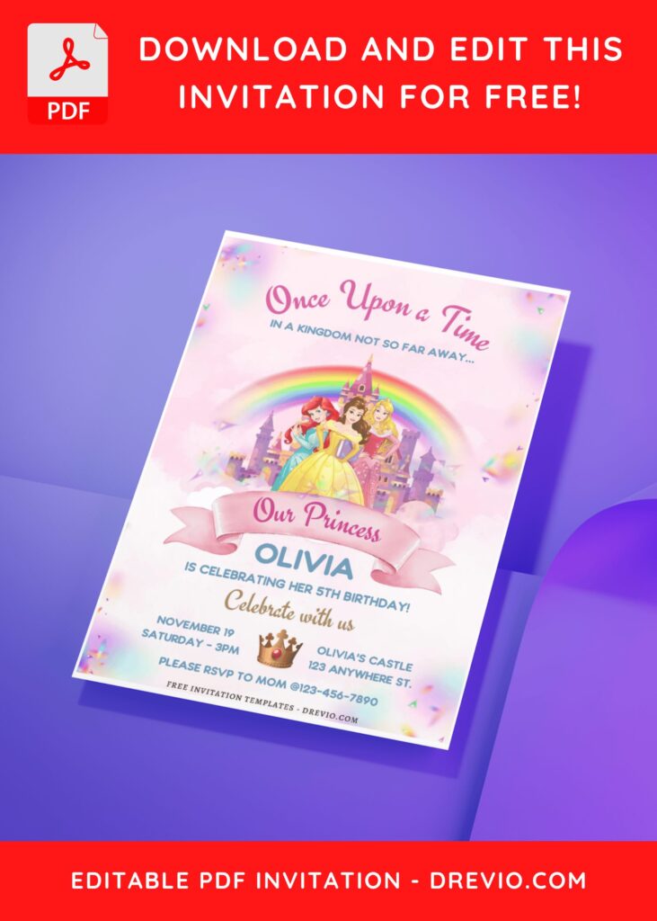 (Free Editable PDF) Disney Princess Wonderland Birthday Invitation Templates G