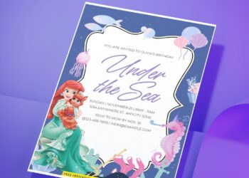 (Free Editable PDF) Sea Princess Ariel Birthday Invitation Templates G