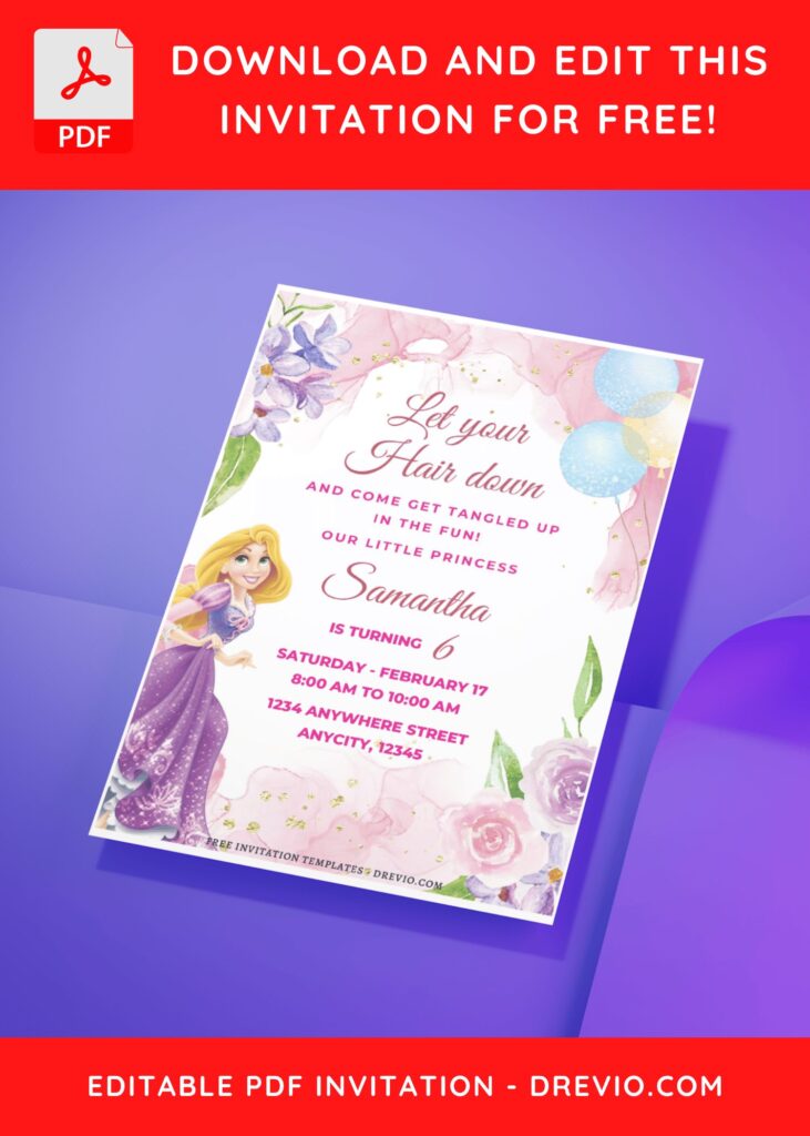 (Free Editable PDF) Dreamy Floral Rapunzel Birthday Invitation Templates G