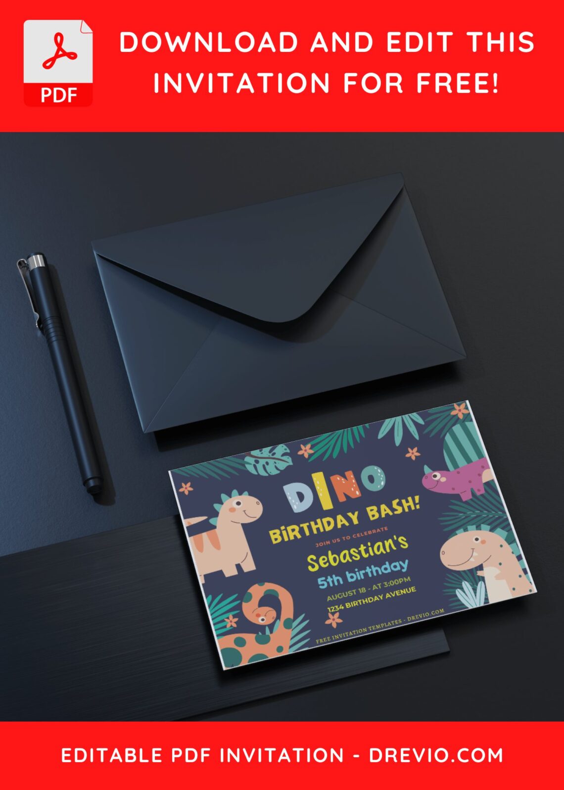 (Free Editable PDF) Colorful Dino Birthday Bash Invitation Templates C