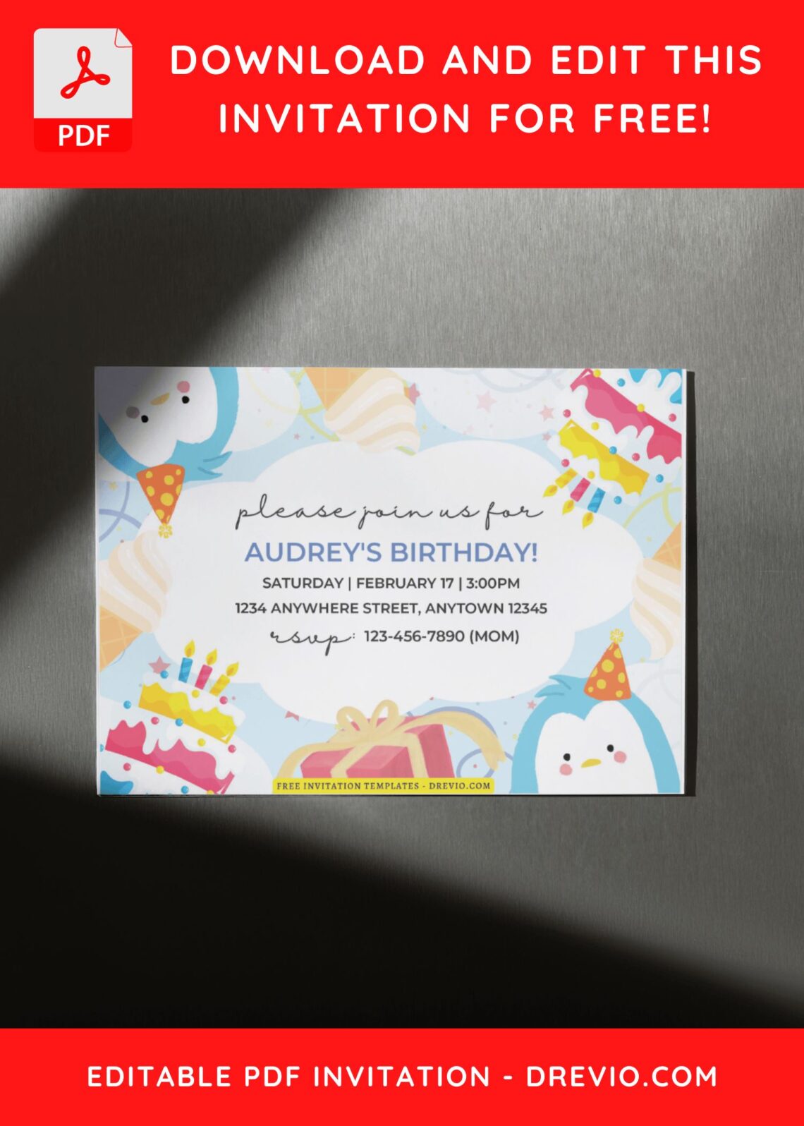 (Free Editable PDF) Colorful Penguin Birthday Invitation Templates D