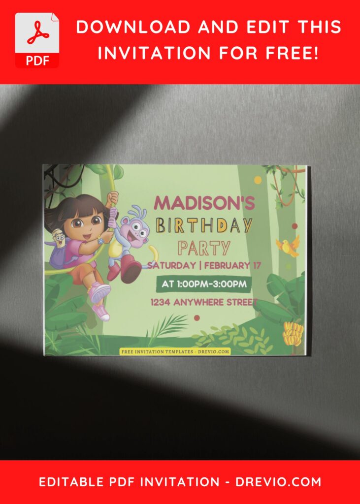 (Free Editable PDF) Dora Jungle Explorer Birthday Bash Invitation Templates D