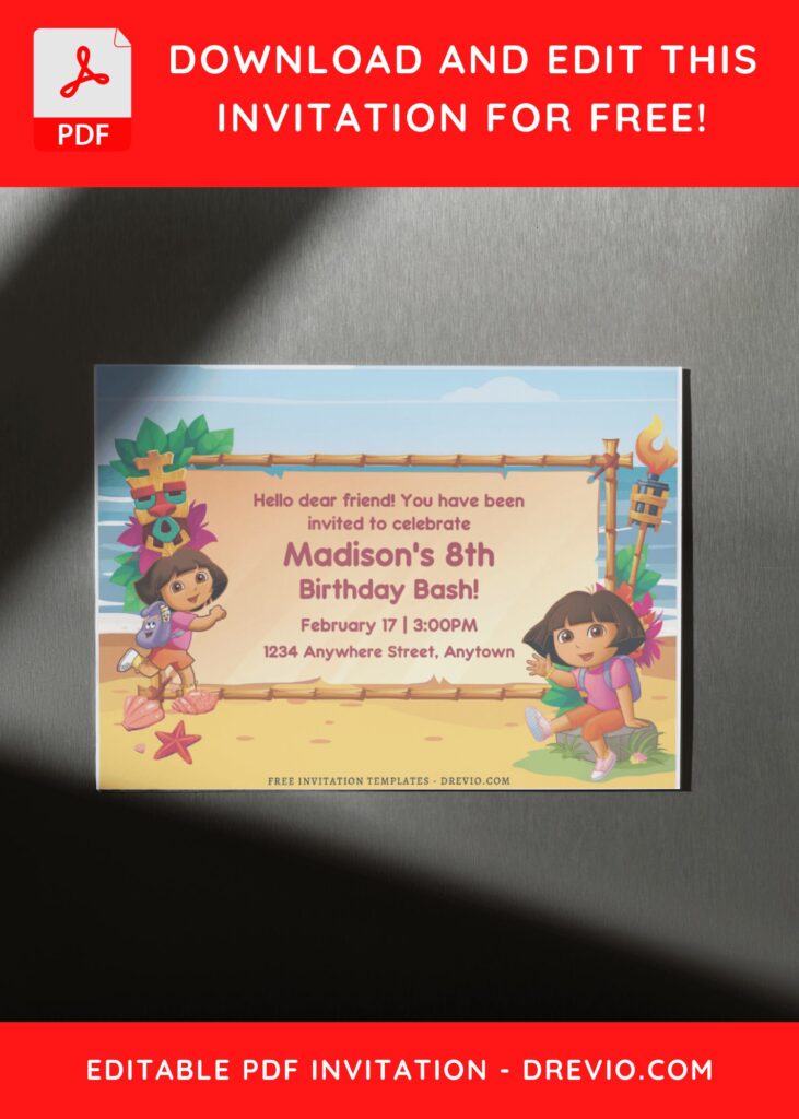 (Free Editable PDF) Dora The Explorer Summer Birthday Invitation Templates D