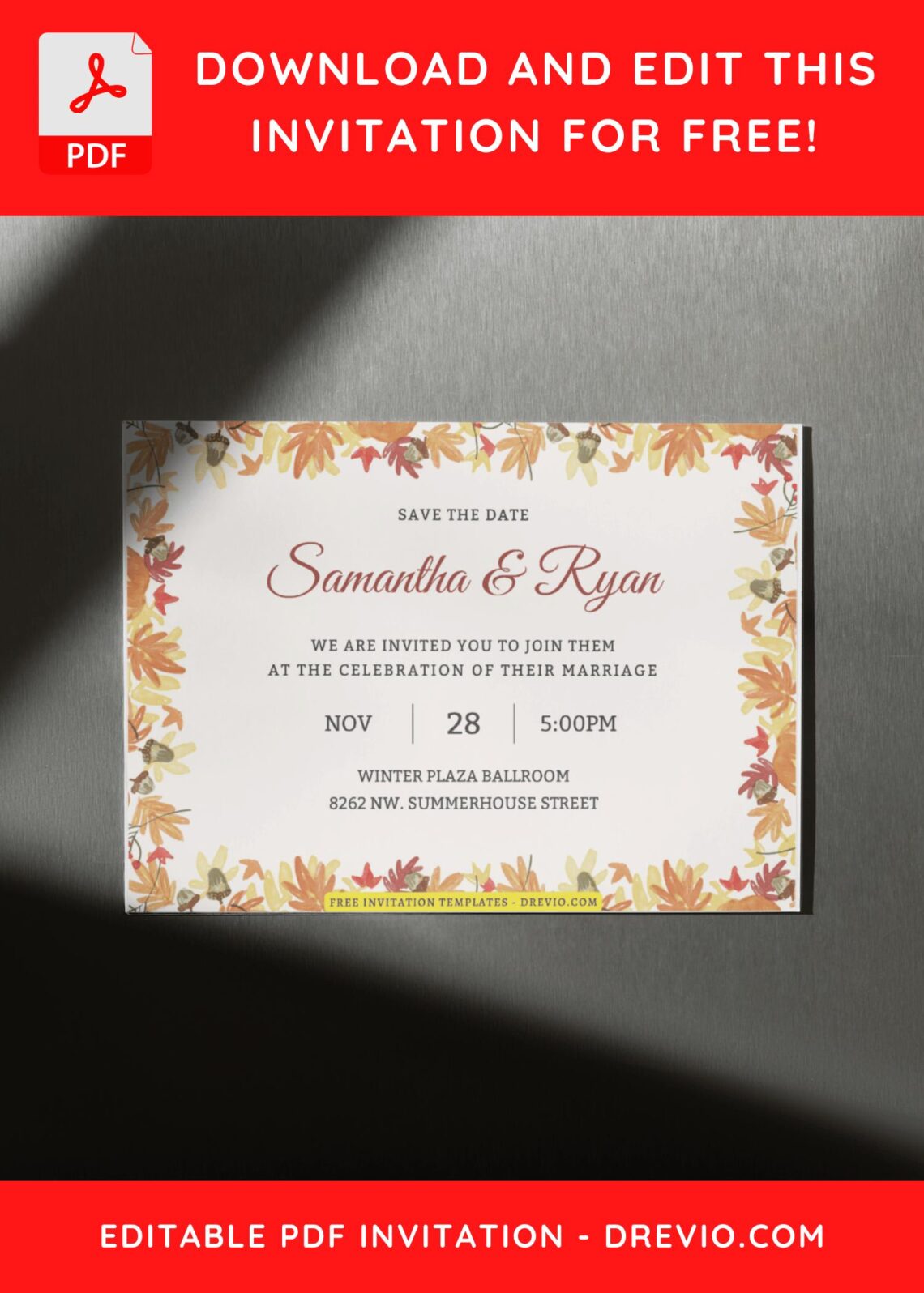 (Free Editable PDF) Timeless Autumn Charm Wedding Invitation Templates D
