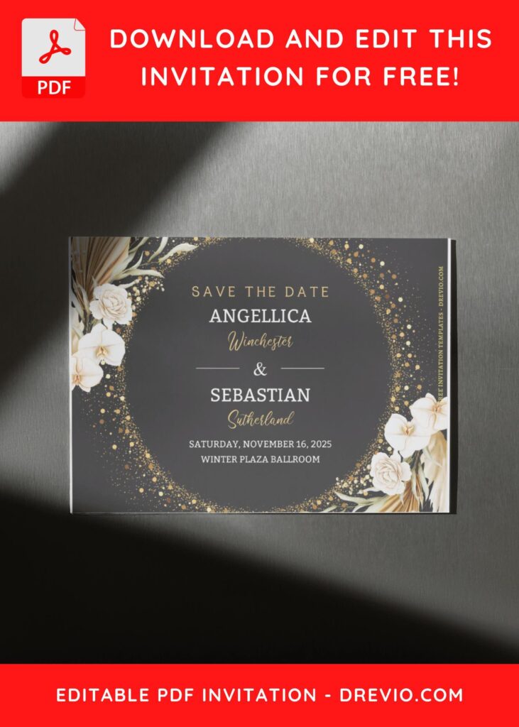 (Free Editable PDF) Glamour Gold And Bohemian Floral Wedding Invitation Templates D