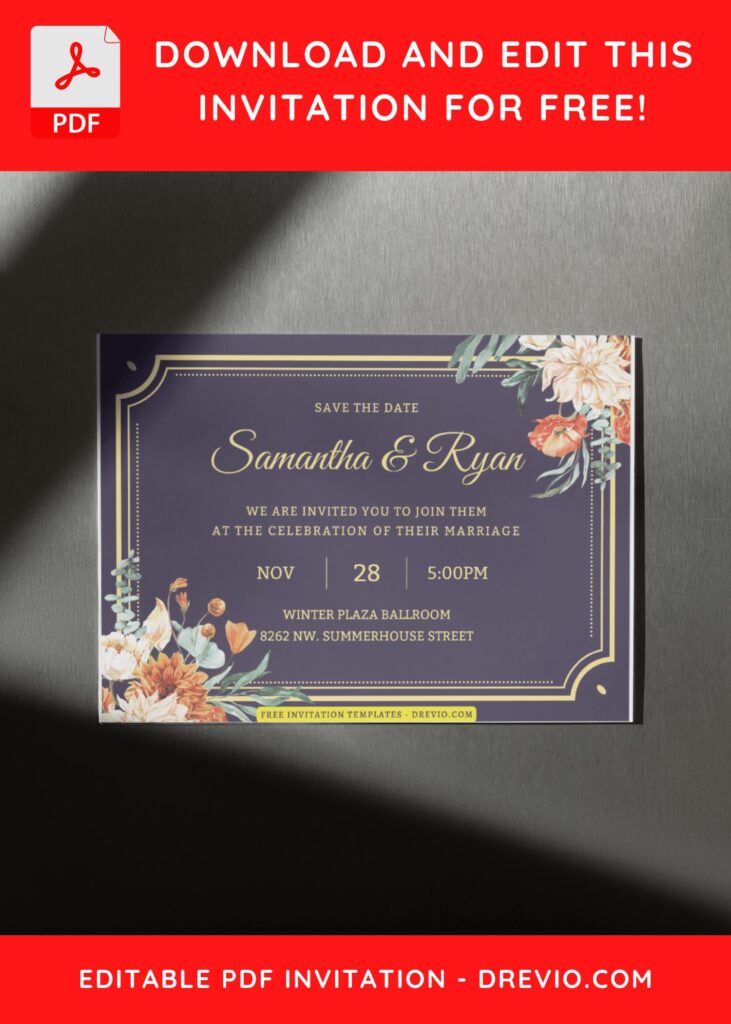 (Free Editable PDF) Elegant Classic Frame & Floral Wedding Invitation Templates H