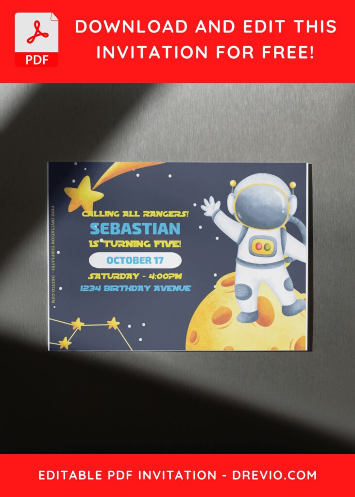 (Free Editable PDF) Adorable Watercolor Astronaut Birthday Invitation Templates I