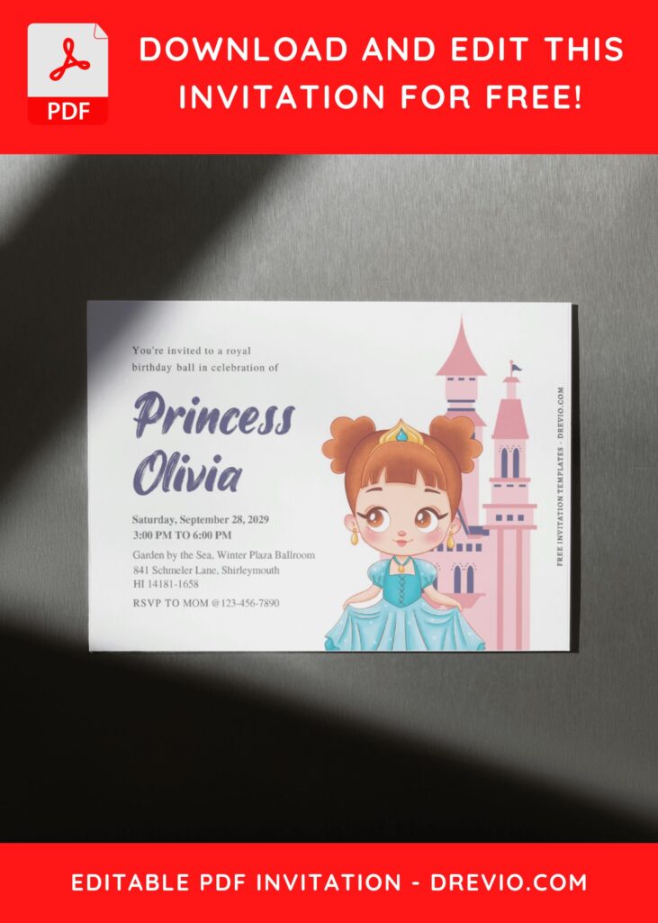 (Free Editable PDF) Simply Cute Princess Themed Birthday Invitation Templates H