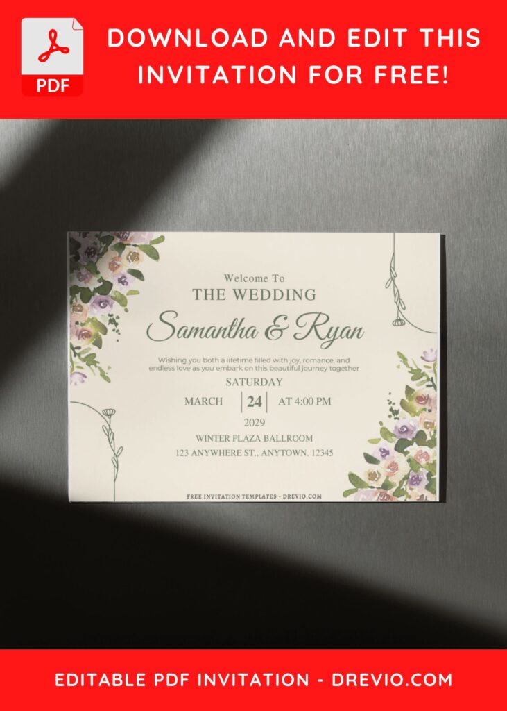 (Free Editable PDF) Floral Art Deco Wedding Invitation Templates H