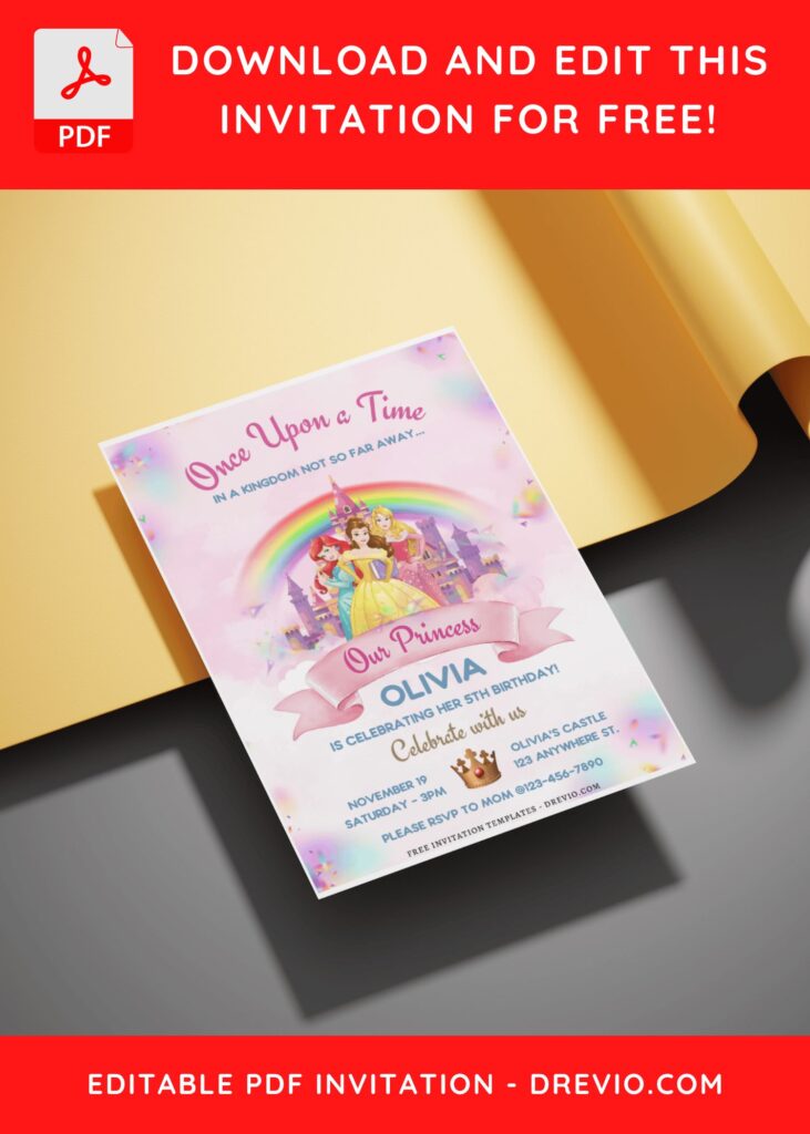 (Free Editable PDF) Disney Princess Wonderland Birthday Invitation Templates H