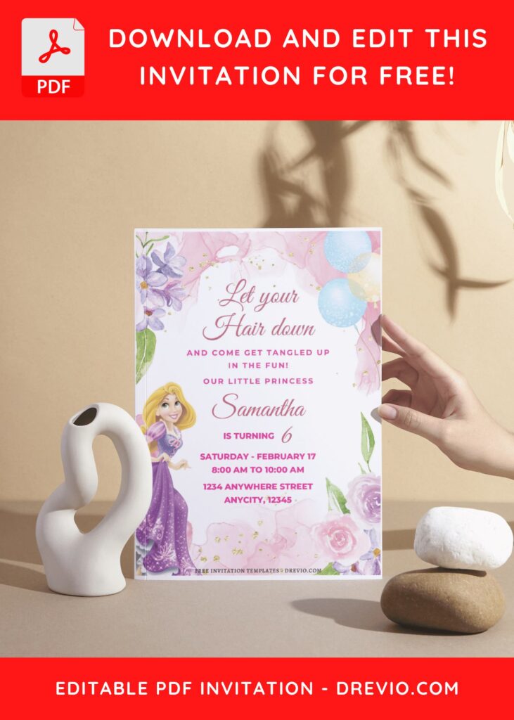 (Free Editable PDF) Dreamy Floral Rapunzel Birthday Invitation Templates H