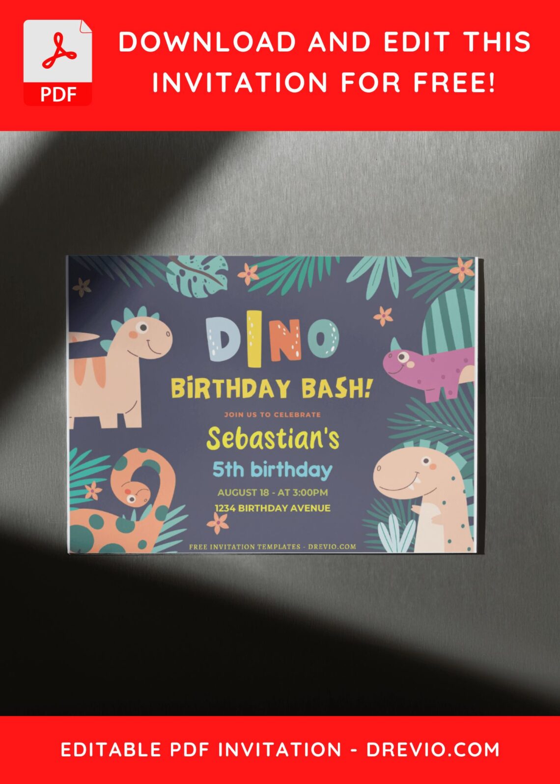 (Free Editable PDF) Colorful Dino Birthday Bash Invitation Templates D