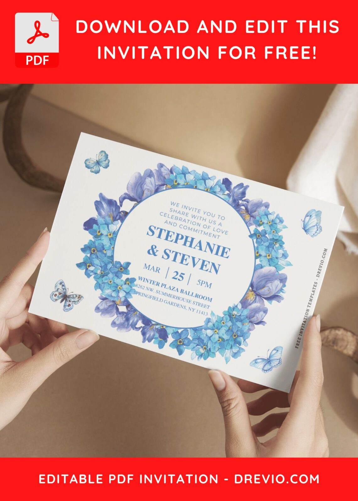 (Free Editable PDF) Captivating Blue Floral Wedding Invitation Templates E