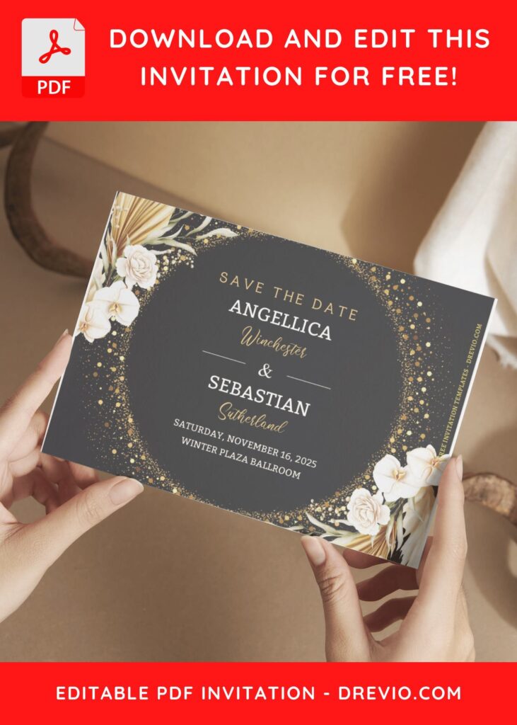 (Free Editable PDF) Glamour Gold And Bohemian Floral Wedding Invitation Templates E