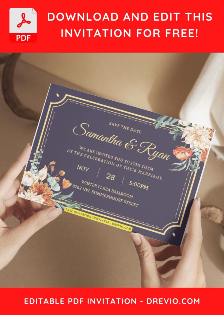 (Free Editable PDF) Elegant Classic Frame & Floral Wedding Invitation Templates I