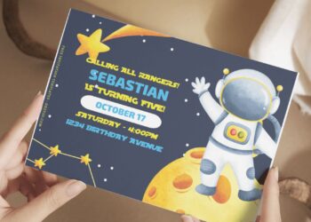(Free Editable PDF) Adorable Watercolor Astronaut Birthday Invitation Templates H