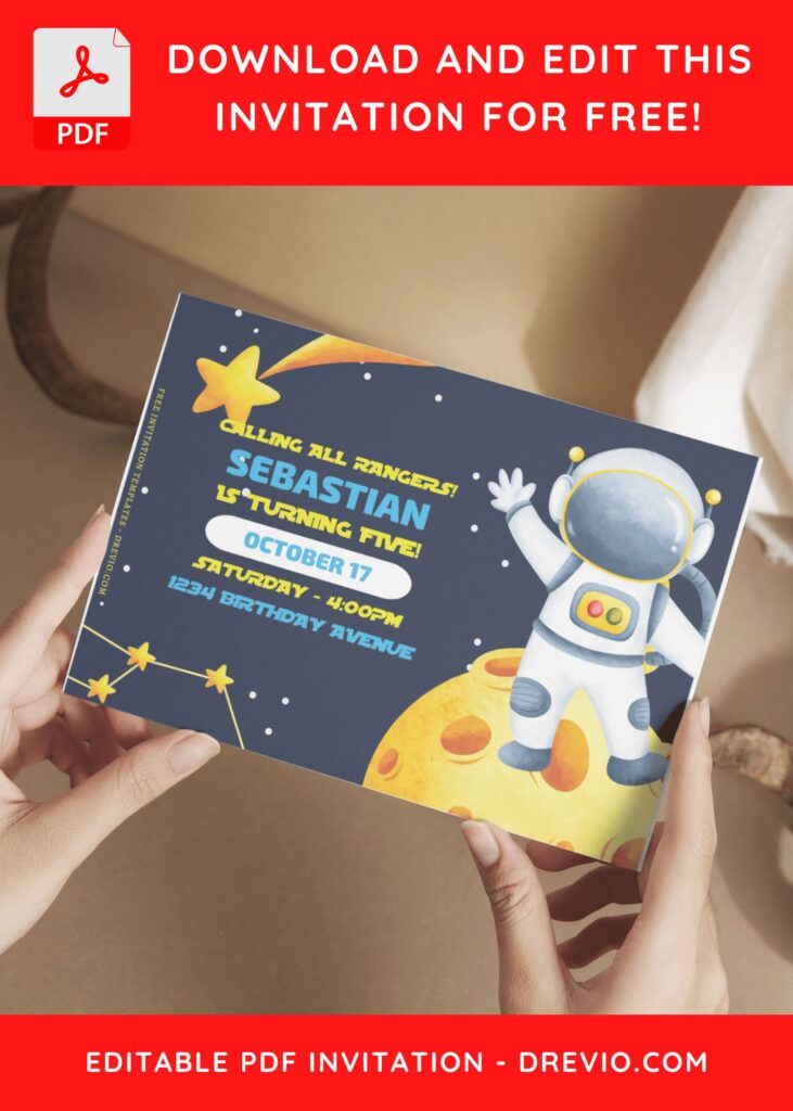 (Free Editable PDF) Adorable Watercolor Astronaut Birthday Invitation Templates H