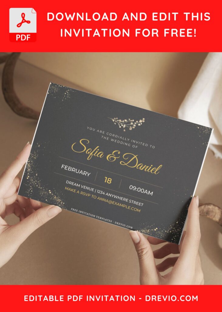 (Free Editable PDF) Golden Sparkle And Blooming Floral Wedding Invitation Templates E