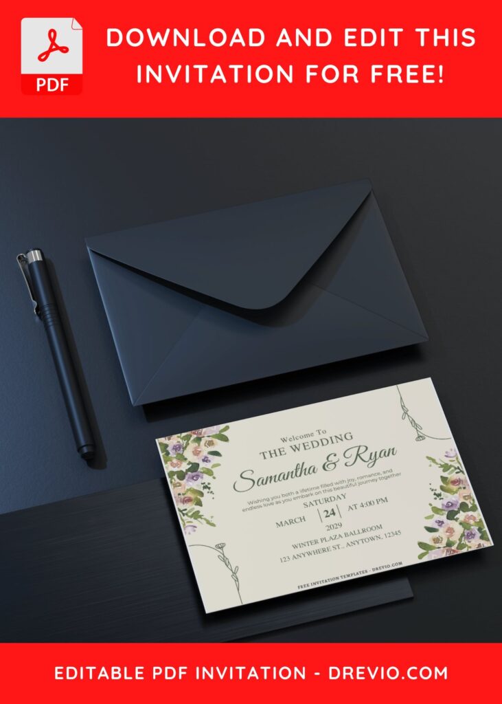 (Free Editable PDF) Floral Art Deco Wedding Invitation Templates I